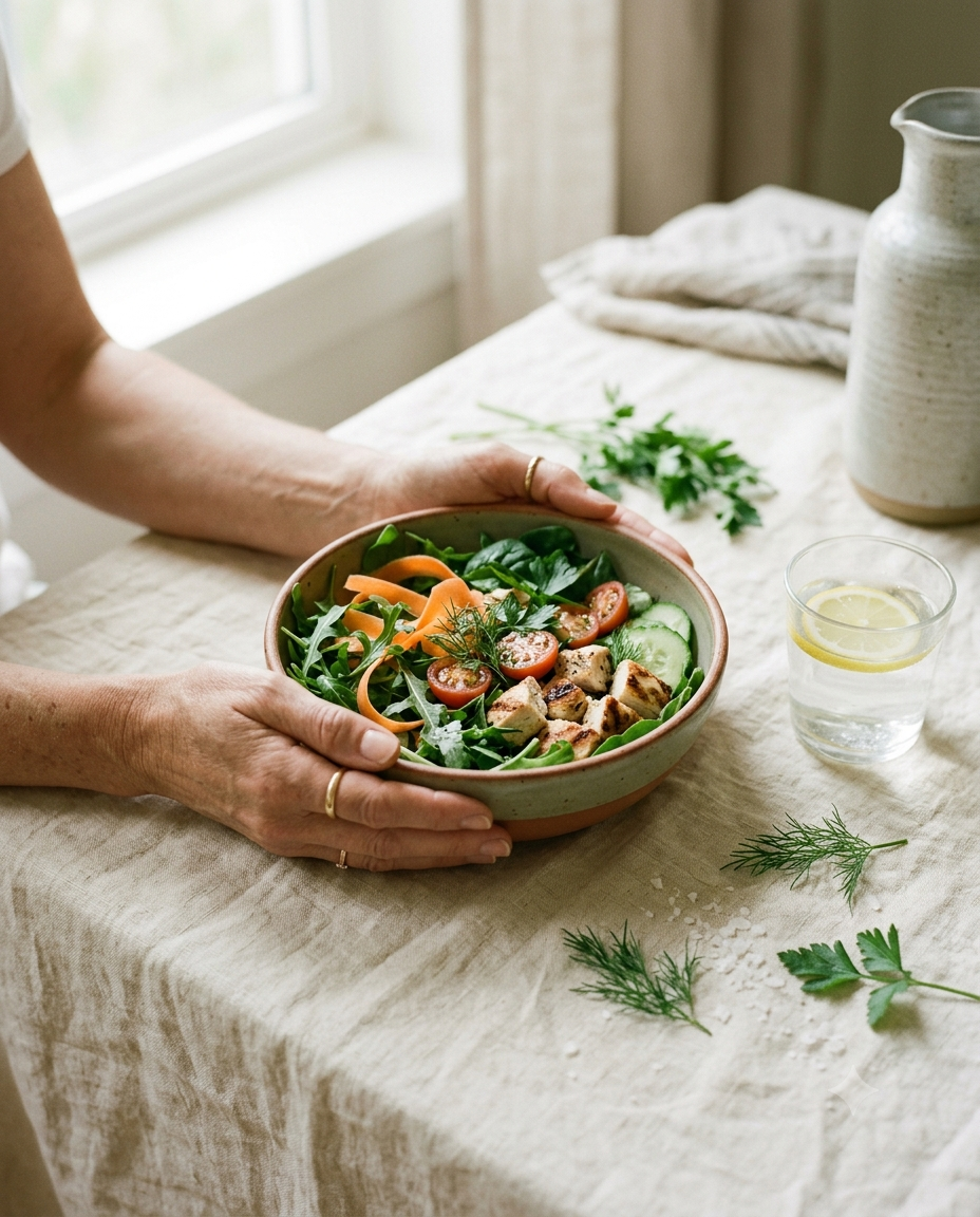 Mãos servindo uma salada fresca e colorida em luz natural